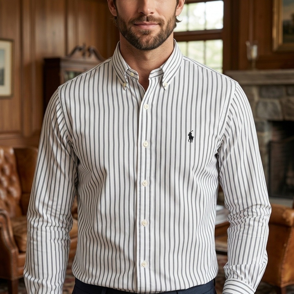 Ralph Lauren Button Down Men XL White Black Striped Custom Fit Cotton Shirt